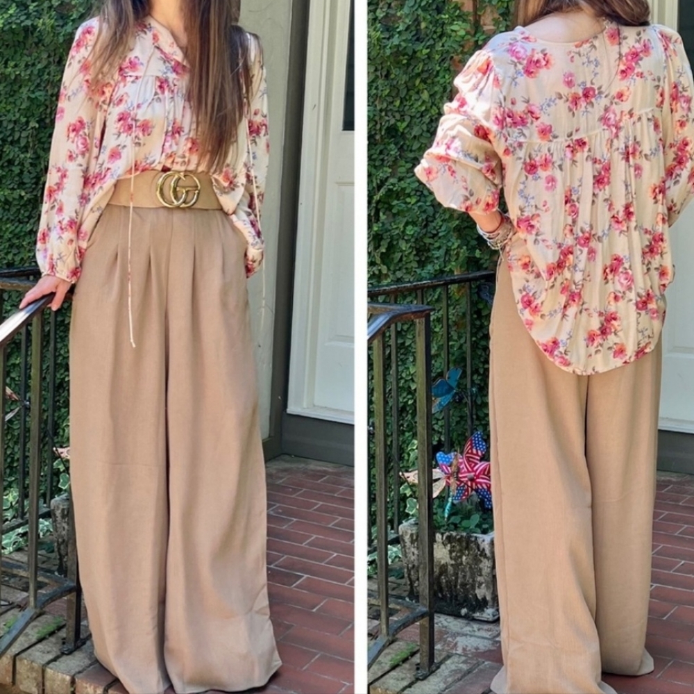 #128 LAST CHANCE! 🛑L Mocha Khaki Fabulous Boho Wide Leg Solid Pleated Pants - Picture 4 of 11